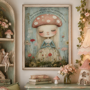 Póster Hada caprichosa de hongos en un prado de flores Ar