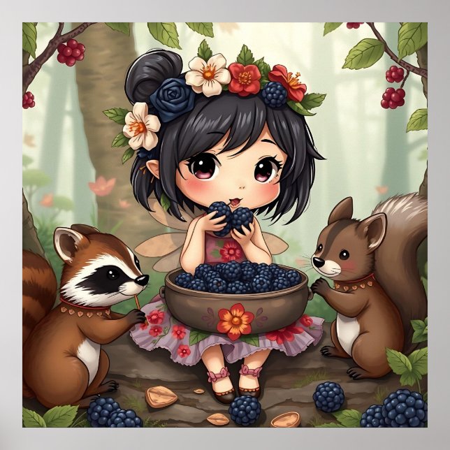 Póster Hada Chibi Comiendo Moras con Amigos del Bosque (Frente)