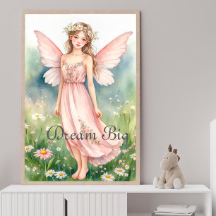 Póster Hada de Acuarela Rosa en Pared de Prado de Flores 
