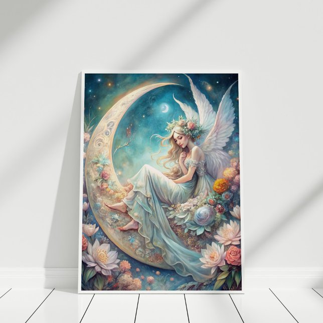 Póster Hada de Blossom de la Luna (Moonlight Blossom Fairy Poster in a white wooden frame)