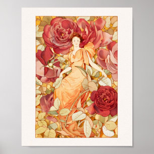 Póster Hada de flores de estilo Art Nouveau con Rosas roj