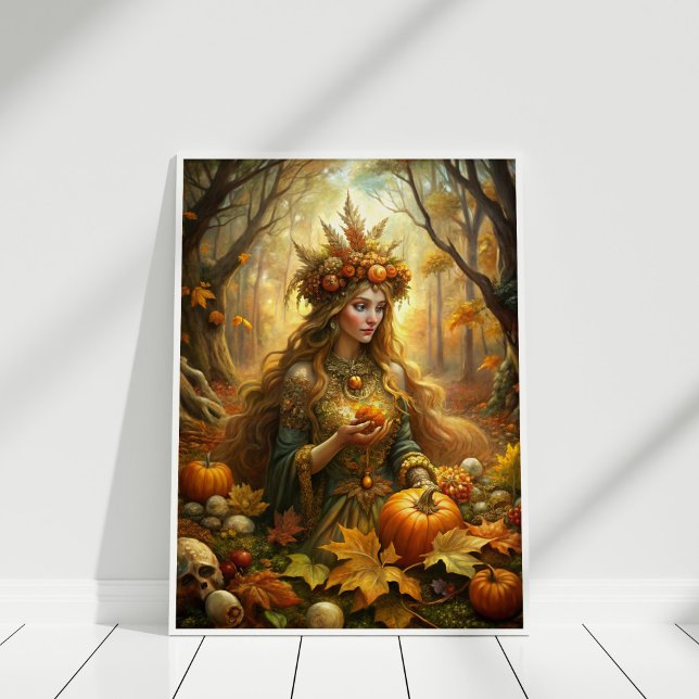 Póster Hada de la Bruja de la Calabaza - Halloween Enchad (Pumpkin Witch Fairy – Enchanted Halloween Wall Art in a white wooden frame)
