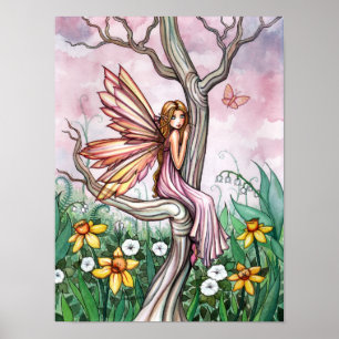 Póster Hada de la Flor de Primavera Narcisos y Mariposa