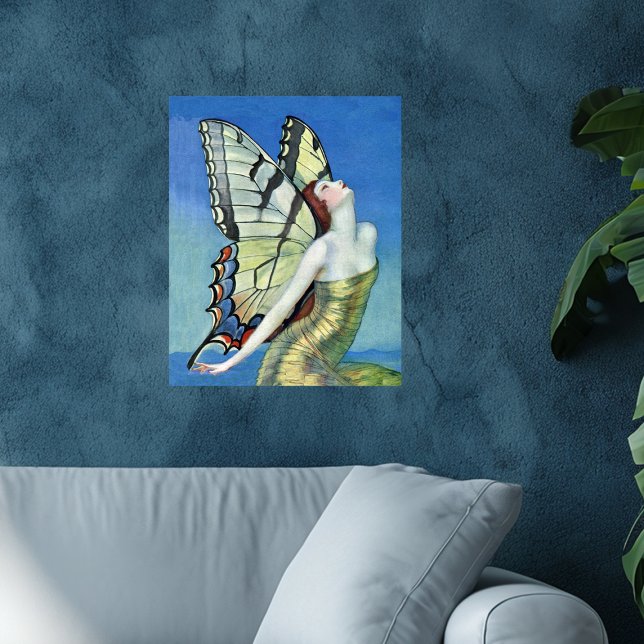 Póster Hada de la Mariposa Monarca Pelo Rojo Vintage (Pretty red haired monarch butterfly fairy gold dress blue sky on wall poster.)