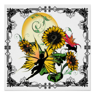Póster Hada de la sombra del girasol y gato cósmico