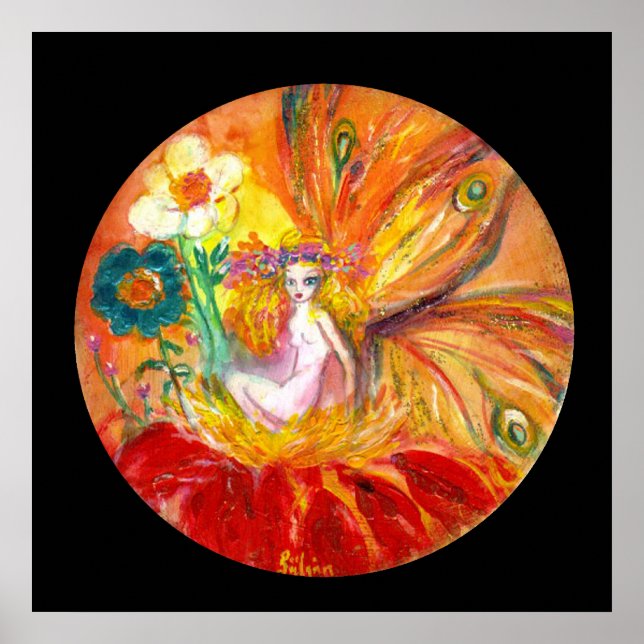 Póster HADA DE LAS FLORES ,Rojo Amarillo Fantasía Negra (Frente)