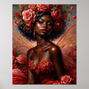 Póster Hada de piel oscura con rosas rojas