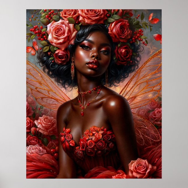 Póster Hada de piel oscura con rosas rojas (Frente)