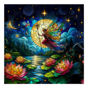 Póster Hada de Vuelo a la Luz de la Luna de Vidrio Pintad