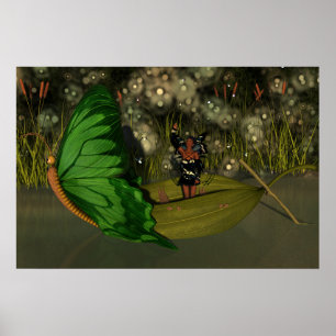 Póster Hada dulce en barco con luciérnagas