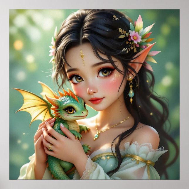 Póster Hada Elfa Bonita & Dragón (Frente)