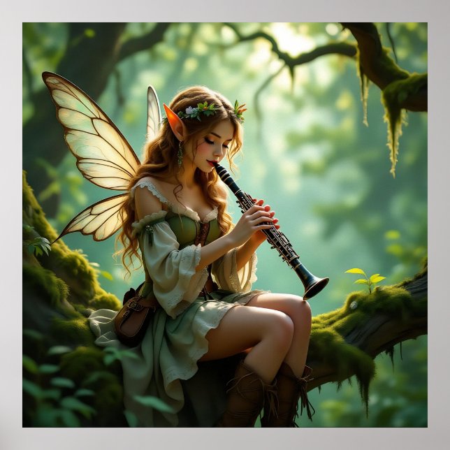 Póster Hada Elfa Bonita Tocando Clarinete (Frente)