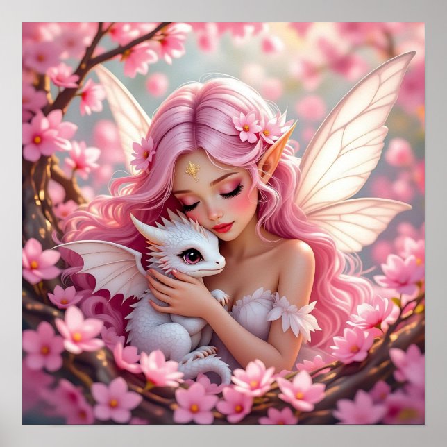 Póster Hada Elfa Rosa Bonita & Dragón (Frente)