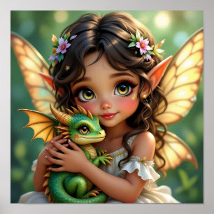 Póster Hada élfica de ojos marrones y dragón 