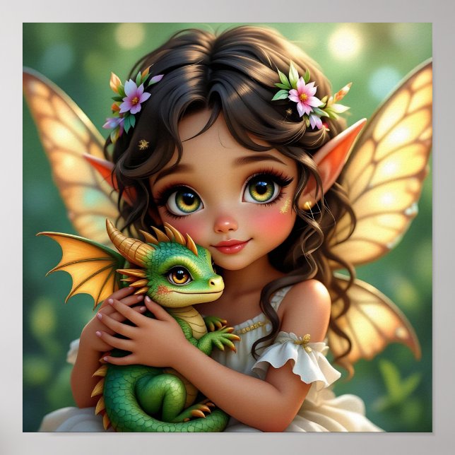 Póster Hada élfica de ojos marrones y dragón  (Frente)