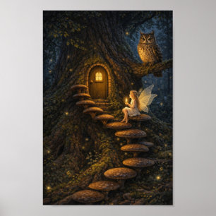 Póster Hada en escalera de hongos - Casa del árbol encant