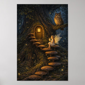 Póster Hada en escalera de hongos - Casa del árbol encant