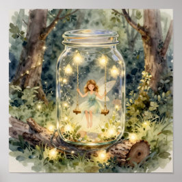Póster Hada encantada en un columpio en un bosque mágico