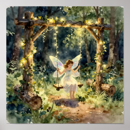 Póster Hada encantada en un columpio en un bosque mágico