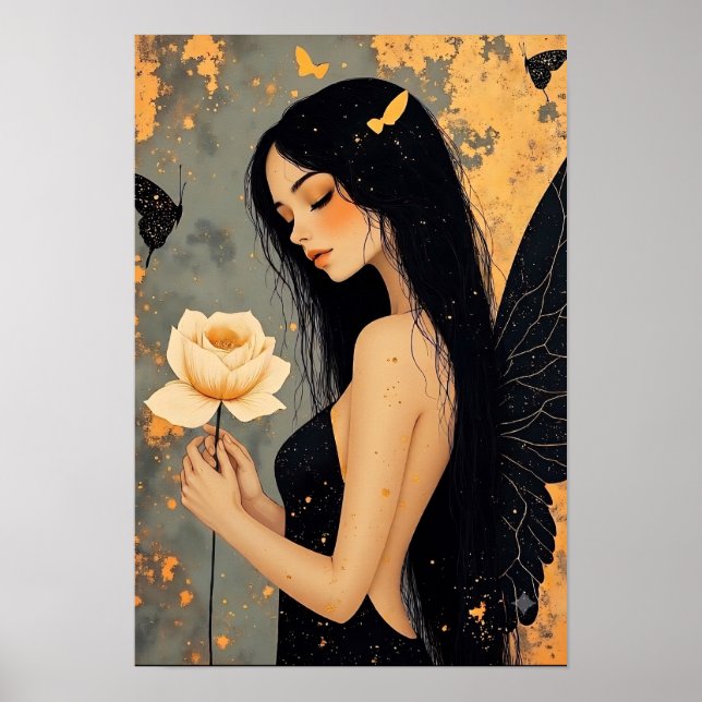 Póster Hada Gótica con Alas Blancas y Rosa   (Frente)