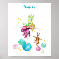 Hada juguetona en bolas de colores con cartel de c