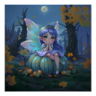 Póster Hada linda en una calabaza azul