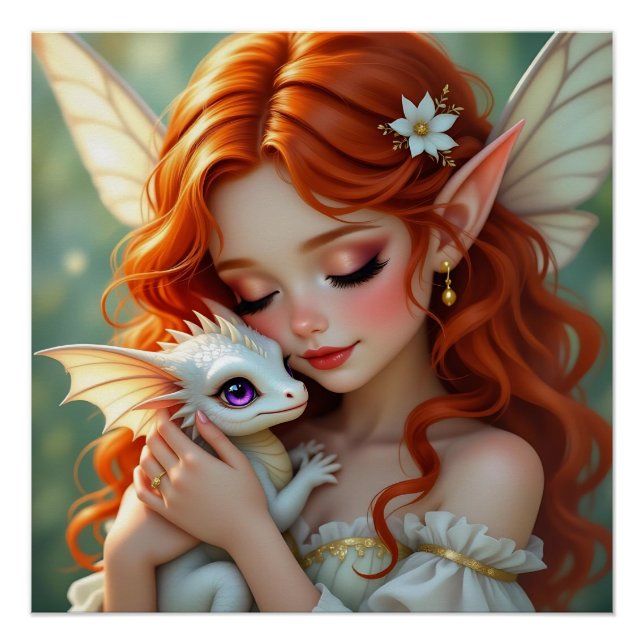 Póster Hada Pelirroja Bonita con Dragón (Anverso)