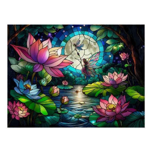 Póster Hada Pequeña de Vidrio Pintado con Libélula (Anverso)
