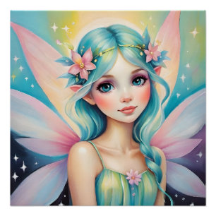 Póster Hada pequeña y linda con cabello azul