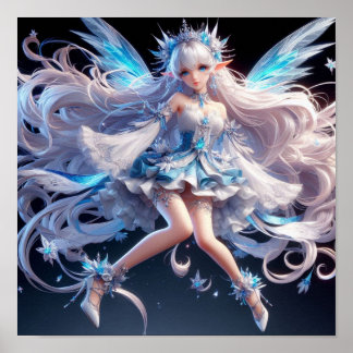 Póster Hada Reina de Hielo Etérea con Cabello Blanco Fluy