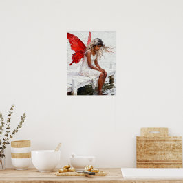 Póster Hada sentada en un muelle con los pies en el agua
