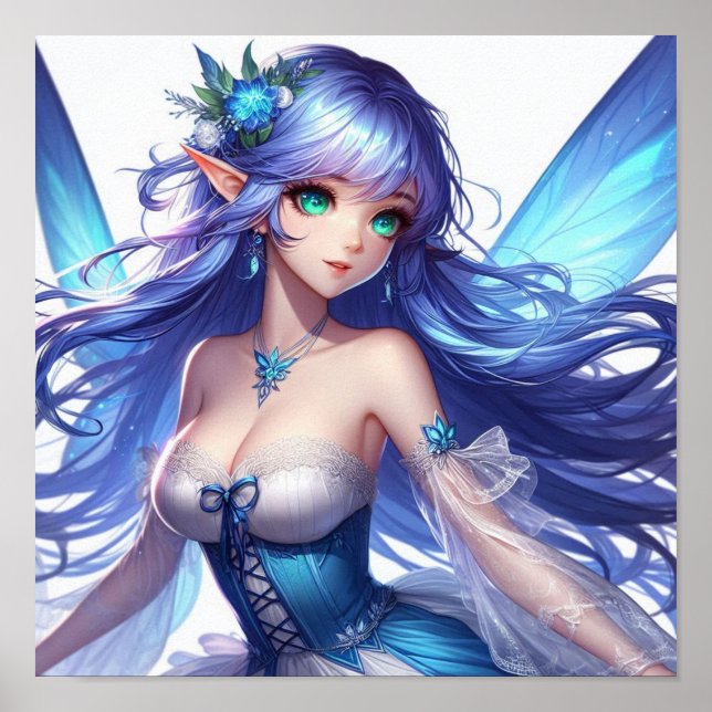 Póster Hada Tropical de Cabello Azul con Ojos Esmeralda (Frente)