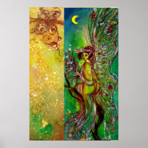 PÓSTER HADA VERDE CON DESTELLOS FLORALES DE ORO EN LA LUZ