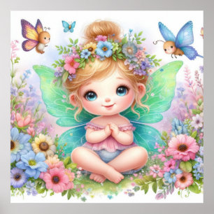 Póster Hada y flores en tierra de hadas acuarela pastel