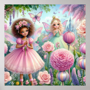 Póster Hada y flores en tierra de hadas acuarela pastel