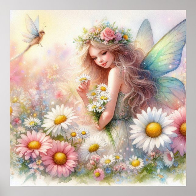 Póster Hadas y flores en aguas pastel de tierra de hadas (Frente)