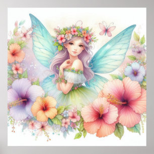 Póster Hadas y flores en tonos pastel acuarela