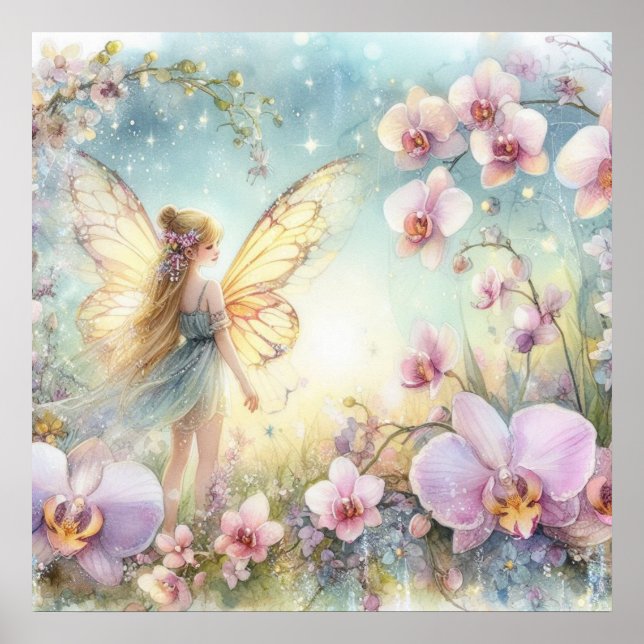 Póster Hadas y flores en tonos pastel acuarela (Frente)