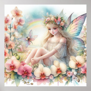 Póster Hadas y flores en tonos pastel acuarela