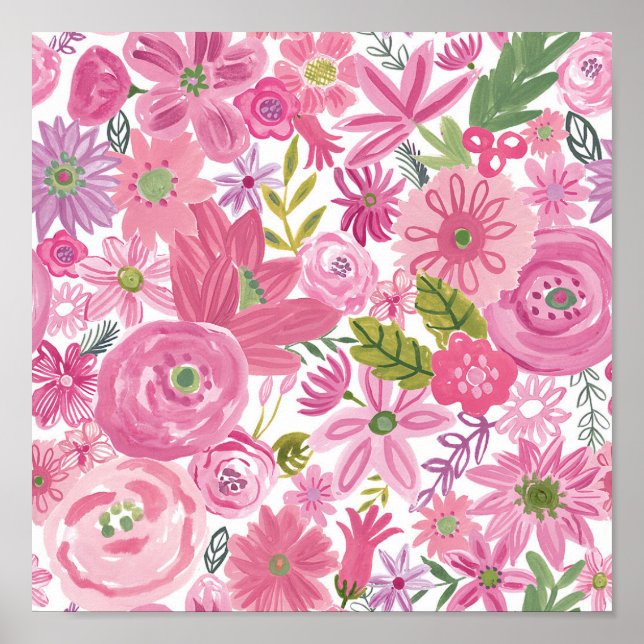 Póster Hago Patrón Floral de acuarela rosa (Frente)