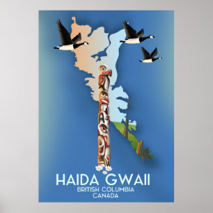 Póster haida gwaii Columbia Británica mapa canadiense