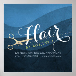 Póster Hair Salon Hairstylist modernas tijeras azules y d