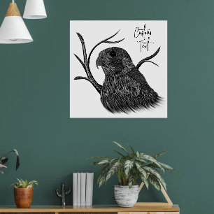 Póster Halcón peregrino en ramas de árbol con escritura a