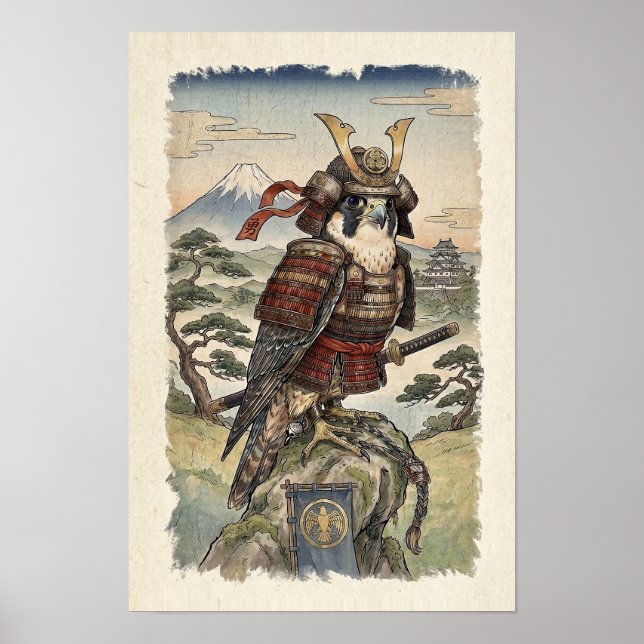 Póster Halcón Samurái Ukiyo-e - Ave de Presa Japonesa (Frente)