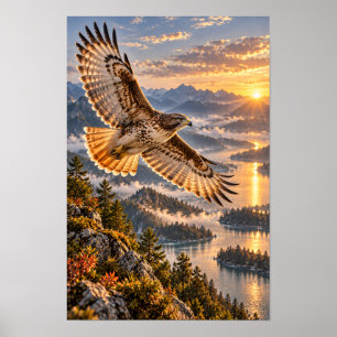Póster Halcón Soberbio Sobre Lagos de Montaña al Atardece