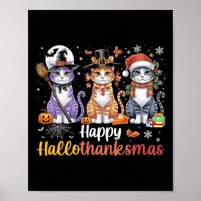 Póster Hallothanksmas Cats Halloween Día de Acción de Gra (Frente)