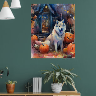 Póster Halloween Alaskan Malamute con calabazas aterrador