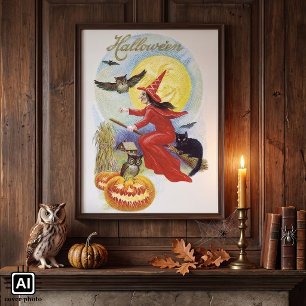 Póster Halloween Antiguo, Bruja Voladora con un Gato Negr