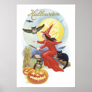 Póster Halloween Antiguo, Bruja Voladora con un Gato Negr
