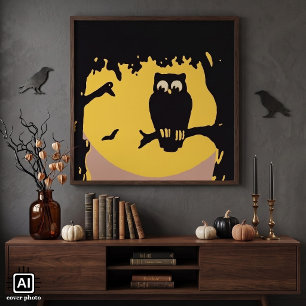 Póster Halloween antiguo, búho espeluznante en árbol con
